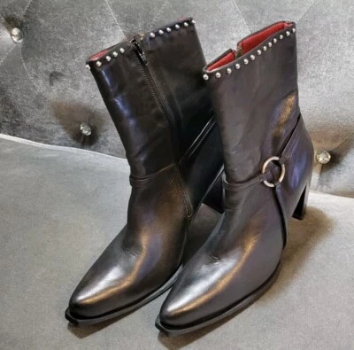 DURANGO Black Leather Studded Top Hi Heel Bootie Shoes, Sz 7.5, Excel Cond! - Image 1 of 4