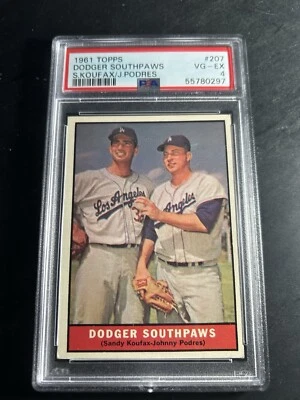 1961 Topps #207 Dodger Southpaws Sandy Koufax Johnny Podres PSA 4 VG-EX - Image 1 of 2