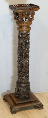 Colonne Sellette Indochinoise En Bois De Palissandre Sculpté Et Ajouré, Dragon.. - Photo 1/4