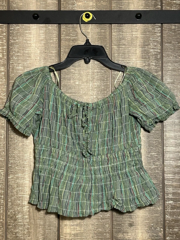 Free People Vivi 缩褶作物上衣绿色条纹波西米亚袖口节日小号 — 第 1/4 张图片