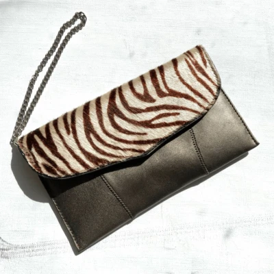 Falchi Italian Lambskin Zebra Calf Hair Metallic Clutch Wristlet, NWT Unused - Image 1 of 4