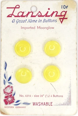 C1950-60 NOS Yellow Glass Moonglow Buttons Lansing Western Germany Original Card - Image 1 of 3