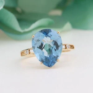 Pear Cut Swiss Blue Topaz Diamond Accent Ring 10K Yellow Gold 5.67 CTW Size 7 - Picture 1 of 7
