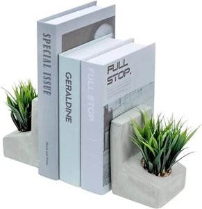 Gray Concrete Bookends w/ Artificial Grass Plants, Desktop Book Stands, 1 Pair - Picture 1 of 7