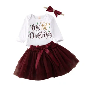 Newborn Infant Baby Girls First Christmas Outfit Romper+Tutu Skirt+Headband Sets - Picture 1 of 10