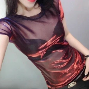 Lady Mesh Sheer Shirts Tops Short Sleeve T-shirts Lace Slim Shiny Clubwear Party - Picture 1 of 11