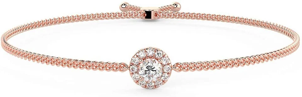 14K Gold Lab Grown 1/2CTW Diamond Halo Bolo Adjustable Bracelet - Image 1 of 4