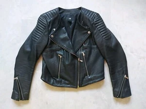 H&M premium real Leather black biker quilted jacket Size 10 ICONS - Picture 1 of 13