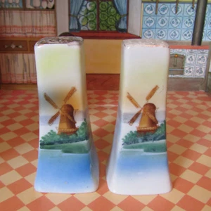 Antique Early 1900s Edwardian WINDMILL Salt Shakers Porcelain Gold Painted Japan - Picture 1 of 7