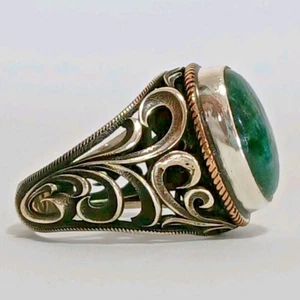 Massive Filigree Art Nouveau Ring S.Silver 925 Jewelry Rare Green Beryl Emerald - Picture 1 of 17