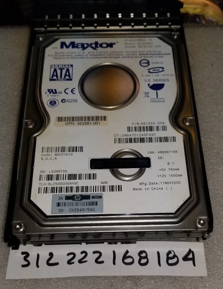 391335-004 HP 250GB 7.2K rpm Hot Plug SATA Hard Drive  6L250S0 SATA 150  - Image 1 of 1