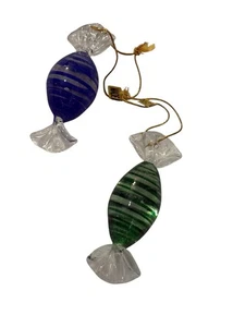 Lot 2 Vintage Murano Style Hand Blown Art Glass Wrapped Candy Christmas Ornament - Picture 1 of 4