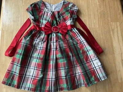 Bonnie Jean girls 5 Christmas holiday taffeta dress bow sparkle red green gold - Image 1 of 4