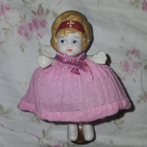 Vintage 2.5" Doll Japan Frozen Charlotte miniature jointed arm figurine pink - Picture 1 of 13