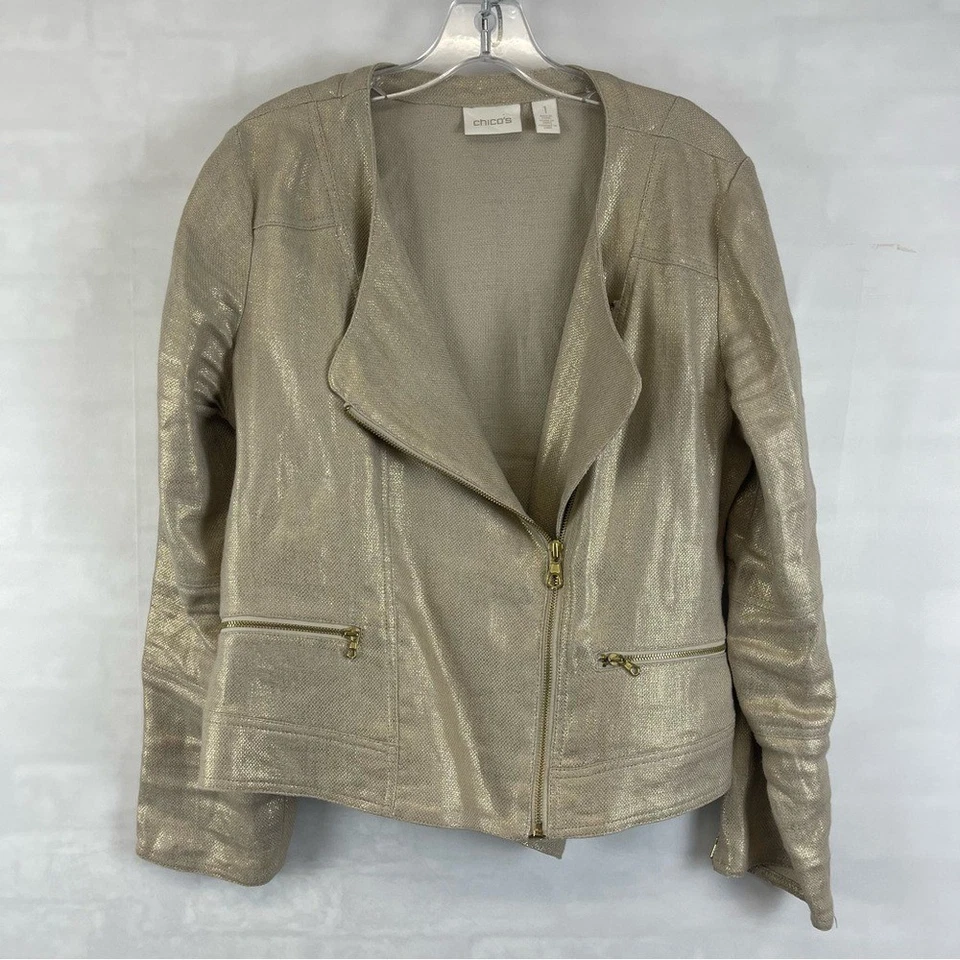 Chico's Metallic Linen Moto Jacket Gold Shimmer Size 1 (M) Lightweight Zip Front - Image 1 of 4