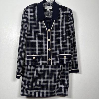 Conjunto de traje falda gris St. John Marie 2 piezas Santana tejido azul marino crema a cuadros talla 6 Foto 1 de 4