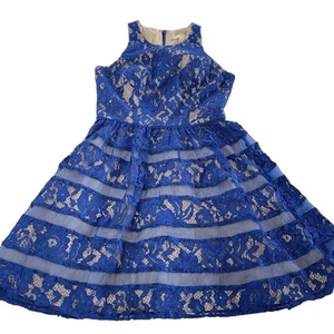 Aidan Mattox Dress Womens 6 Blue Lace Cocktail Fit Flare Sleeveless Party - Picture 1 of 8