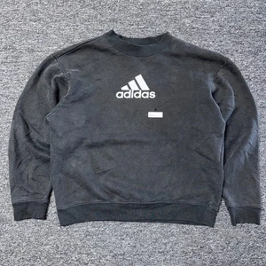 Vintage 90s Adidas Pullover Sweatshirt Logo Sweater Womens Sz S Black Sun Faded - Picture 1 of 6