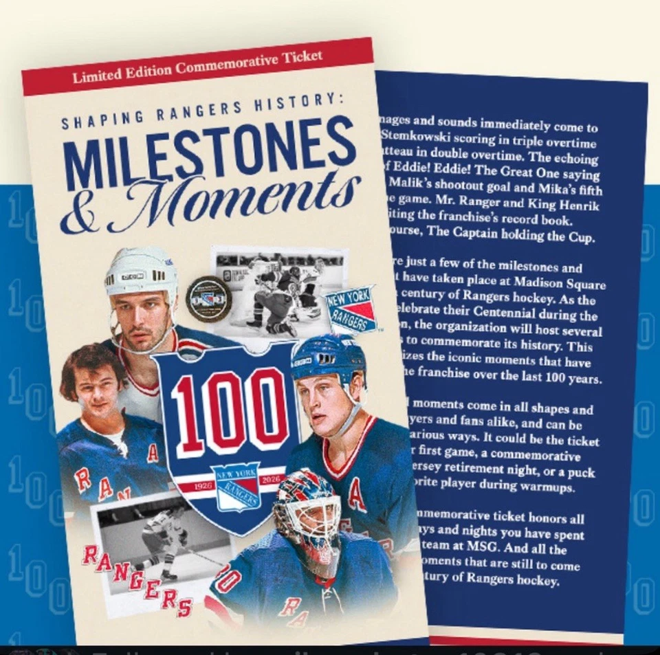 Boleto conmemorativo de hitos y momentos del centenario de los Rangers de Nueva York PREVENTA Foto 1 de 1