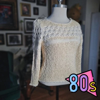 Suéter tejido vintage años 80 Lauren Hansen adornado con perlas crema manga larga Foto 1 de 4