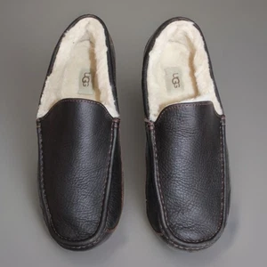 UGG Ascot Leather Plush Wool Sheepskin Slippers Loafers Mens Size 10 Dark Spice - Picture 1 of 9