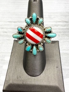 Anillo de Plata de Ley Turquesa Coral Perla Diseño Incrustación Suroeste Ajustable - Imagen 1 de 4