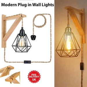 Retro Industrial Plug In Wall Light Sconce Bare Lamp Shade Wooden Bracket Lamp - Picture 1 of 27