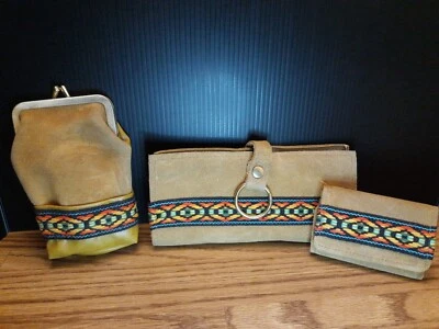 Cartera de chequera de gamuza años 70 de colección, moneda, juego de llaves/3 adornos boho azteca amarillo mostaza  Foto 1 de 4