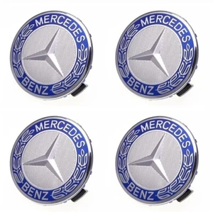 4 x Blue Mercedes Benz 75mm Alloy Wheel Centre Caps AMG A B C E S M Class Hub - Picture 1 of 2