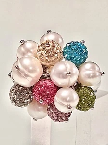 ROSS SIMONS~925 SS PEARLS W COLORED CRYSTAL BALL CLUSTER RING~SZ 7.25~15.7G - Picture 1 of 14