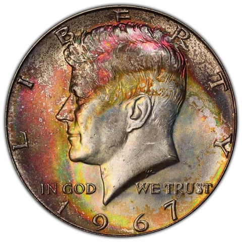 Rainbow Toned 1967 JFK KENNEDY HALF DOLLAR PCGS MS62 Both Side Color Toning Cover