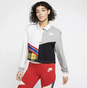 NIKE WOMEN SPORTSWEAR LONG SLEEVE POLO TOP CROP SWEATSHIRT MULTI BV2804-100   L