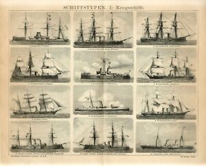 1882 MILITARY WARSHIPS STEAMSHIPS SAILING SHIPS Antique Engraving Print