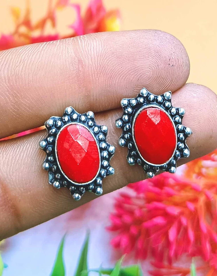 Aretes antiguos hechos a mano con piedras preciosas de topacio rojo enchapados en plata de ley 925 Foto 1 de 1