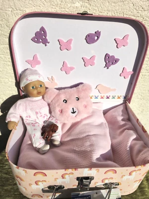 Zapf Puppe mini Chou Chou 20 cm Babypuppe 1999 + Spielkoffer+ Bettzeug Doll rosa - Bild 1 von 4