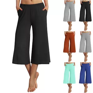 Womens Capri Pants Loose Yoga Pants Wide Leg Drawstring Comfy Lounge Capris - Picture 1 of 28