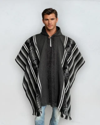 Poncho de lã de ovelha feito à mão preto macio artesanal design navajo geometri - Imagem 1 de 4