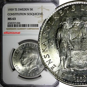 SWEDEN Silver 1959 TS 5 Kronor NGC MS63 Constitution Sesquicentennial KM# 830(4) - Picture 1 of 4