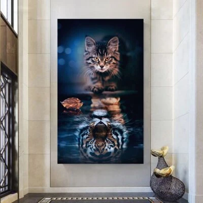 Canvas Painting Cute Cat Reflection Tiger In Water Wall Picture Poster Print Art - Image 1 of 4