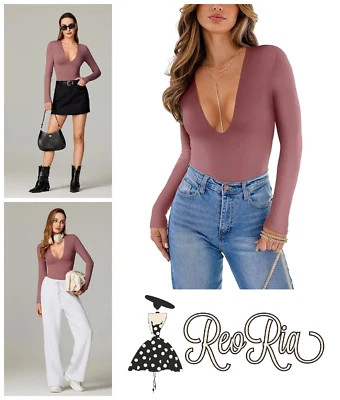 Womens Bodysuit Sexy Top Size M Plunge Deep V Neck Trendy Long Sleeve Going Out - Image 1 of 4