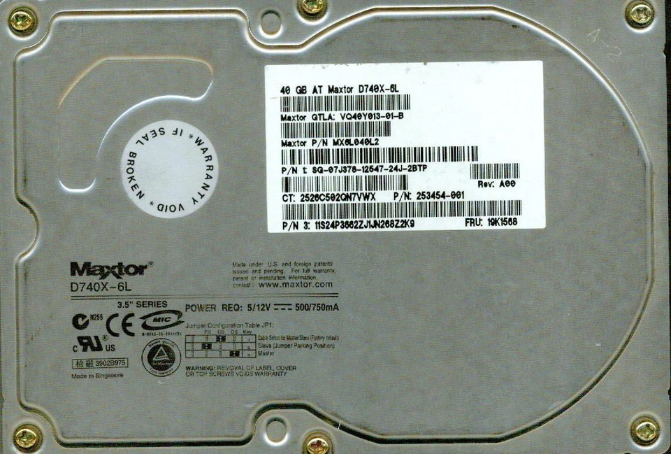 MDL: D740X-6L  GTLA: VQ40Y013-01-B, PN: MX6LO40L2   Maxtor 40GB IDE - Image 1 of 1