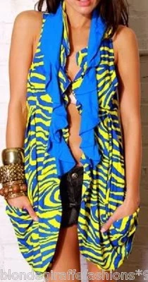 Colete sem mangas azul/amarelo listra de zebra contraste cachecol drapeado capa artística - Imagem 1 de 2