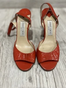 Jimmy Choo Heels Women's 8 (EU38) Red Orange Patent Leather Strappy Open Toe - Picture 1 of 10