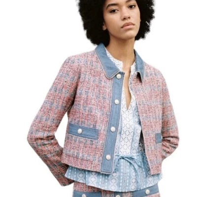 House of Harlow 1960 Chaqueta Denim Para Mujer Mediana Roja Tweed Blazer Recortado Botón Foto 1 de 4