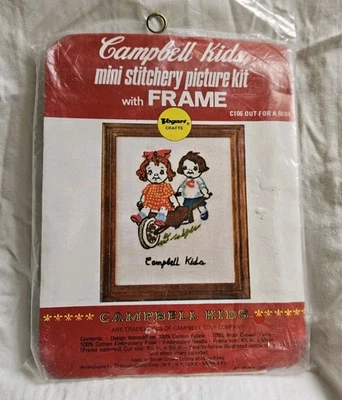 Kit de bordado vintage 1975 Cambell Kids Crewel con marco nuevo en stock Foto 1 de 4