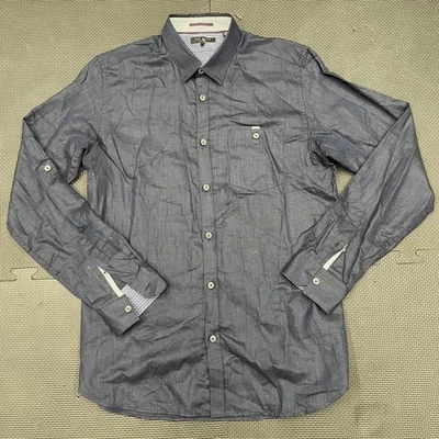 Camisa Ted Baker Para Hombre Mediana Azul Abotonada Manga Larga Lino Algodón Bolsillo Foto 1 de 4