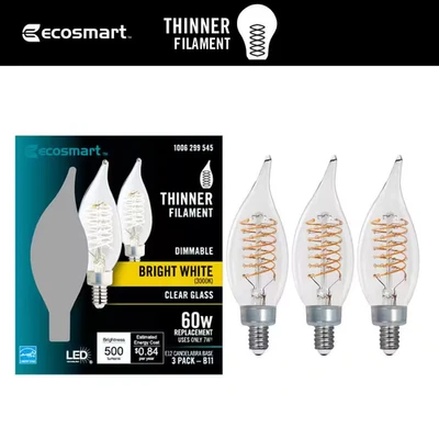 EcoSmart 60-Watt Equiv B11 Dimmable E12 Candelabra Fine Bendy LED Brt White 3Pk - Image 1 of 3