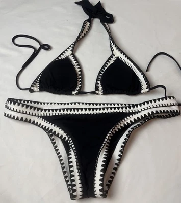 Bikini Seafolly Everything But Water negro blanco con ribete de ganchillo talla 10 nadar playa Foto 1 de 4