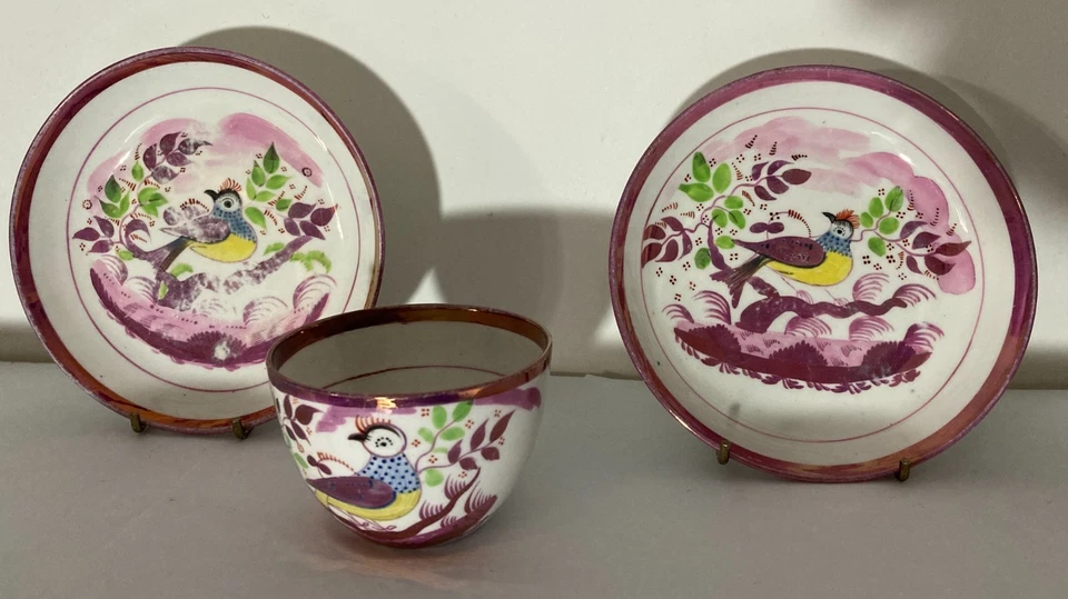 English copper lustre painted Peafowl bird porcelain cup and saucer  1810-1820 - image 1 of 4