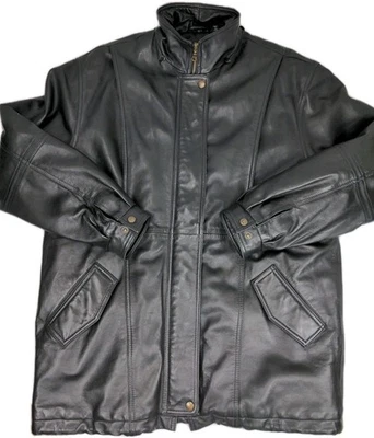 复古 Izzi 男式 100% 皮革夹克大号黑色旧钱  — 第 1/4 张图片